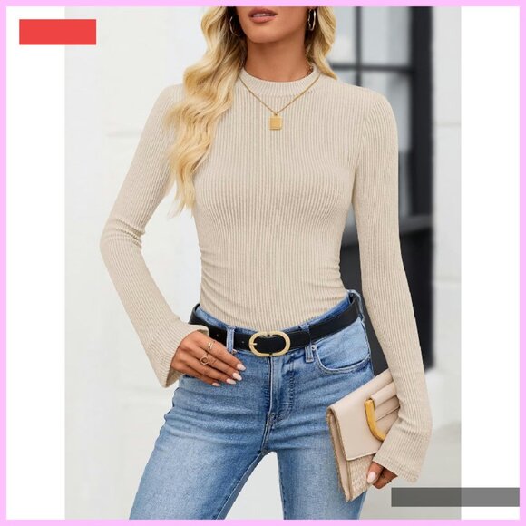 Long Sleeve Mock Neck Ribbed Knit Slim Fit Top Basic Tee - Picture 2 of 4